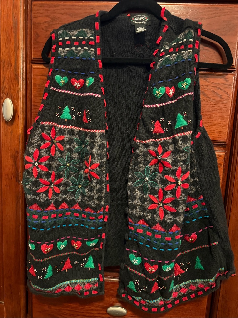 Designers Originals Black Embroidered Holiday Vest with Red and Green Accents